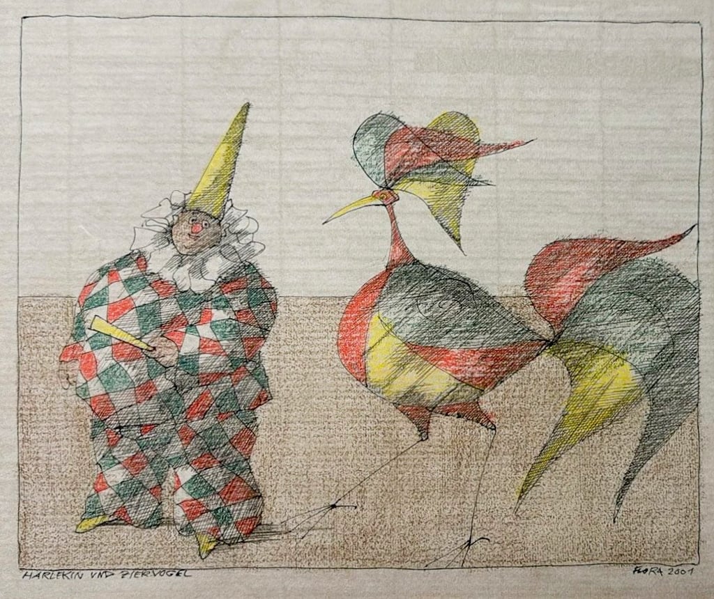 Paul Flora „Harlekin und Ziervogel\, image size:1024x860
