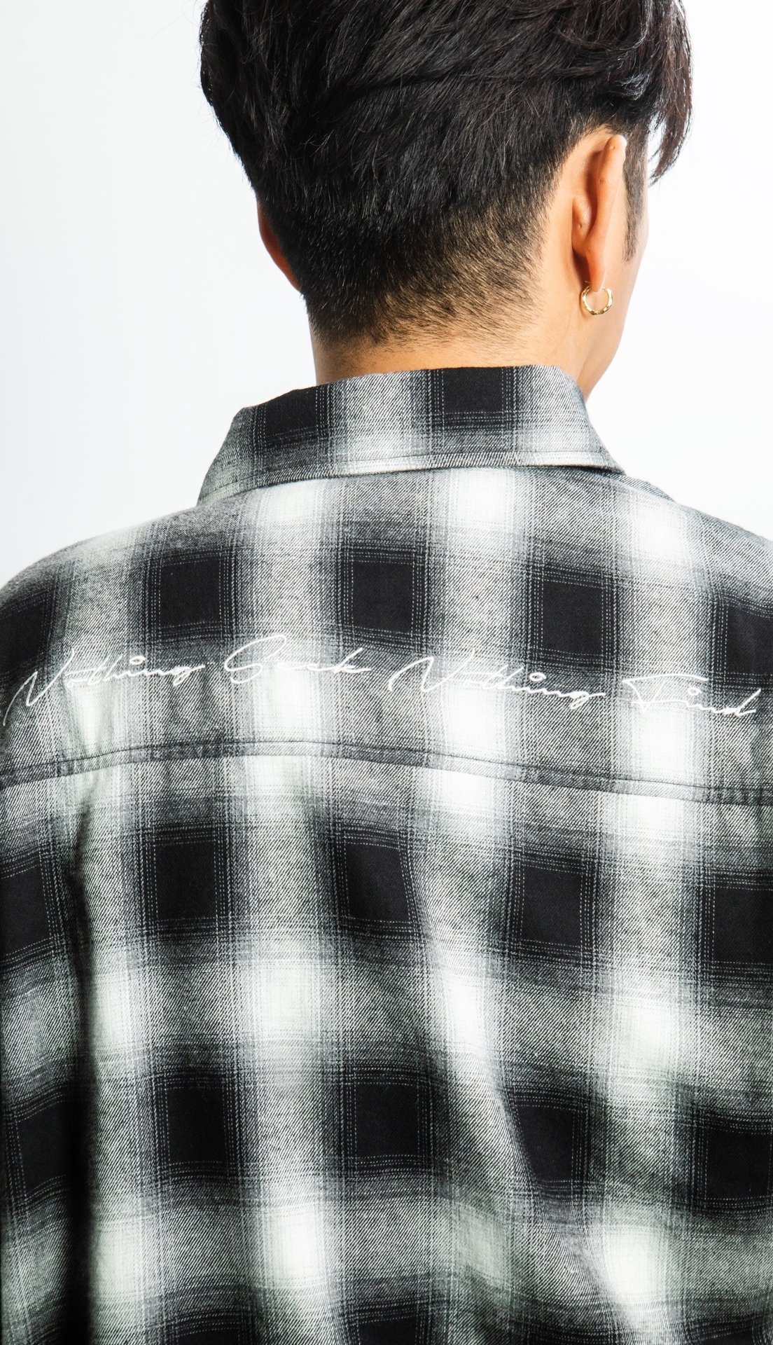 Embroidered check wool big shirt -White & Black - #03