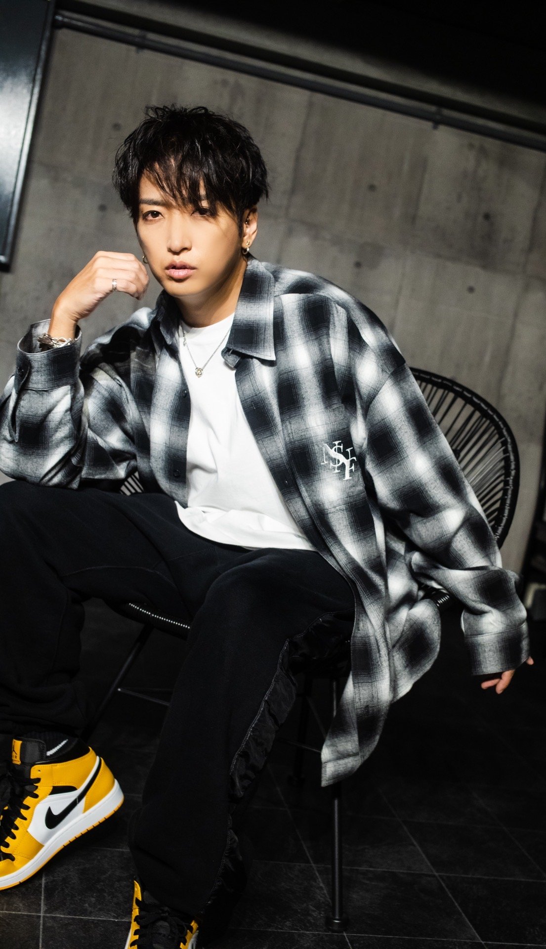 Embroidered check wool big shirt -White & Black - #03