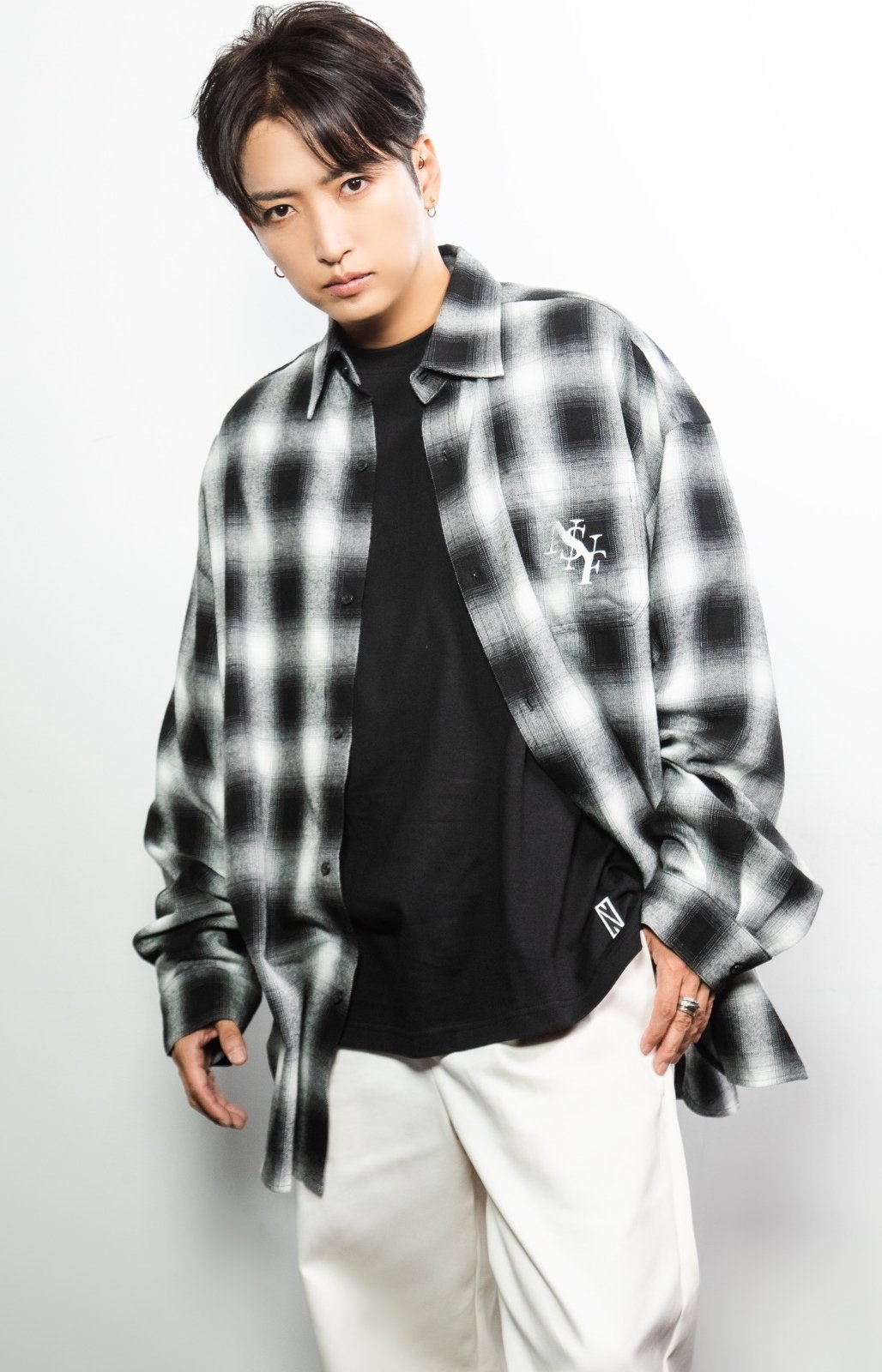 新品 NSNF Embroidered check wool big shirt Embroidered check wool big shirt -White & Black - #03