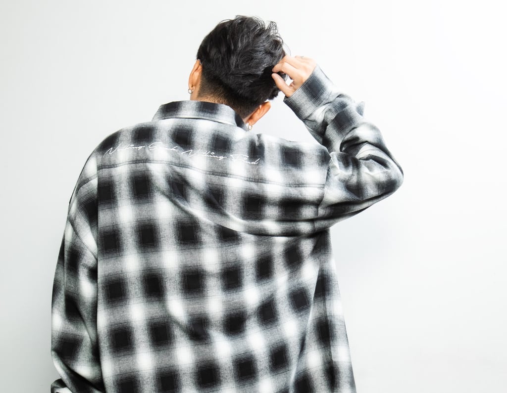 Embroidered check wool big shirt -White & Black - #03